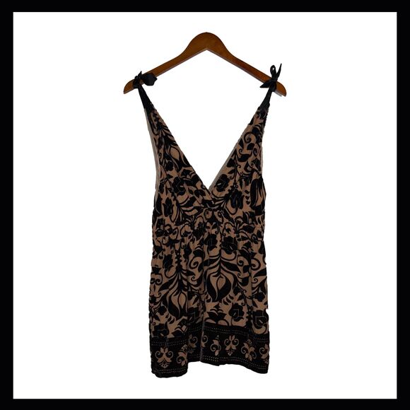 Hale Bob Burnout Velvet Boho Top Tie Shoulder Black Tan Floral Elastic Waist M - Picture 1 of 11